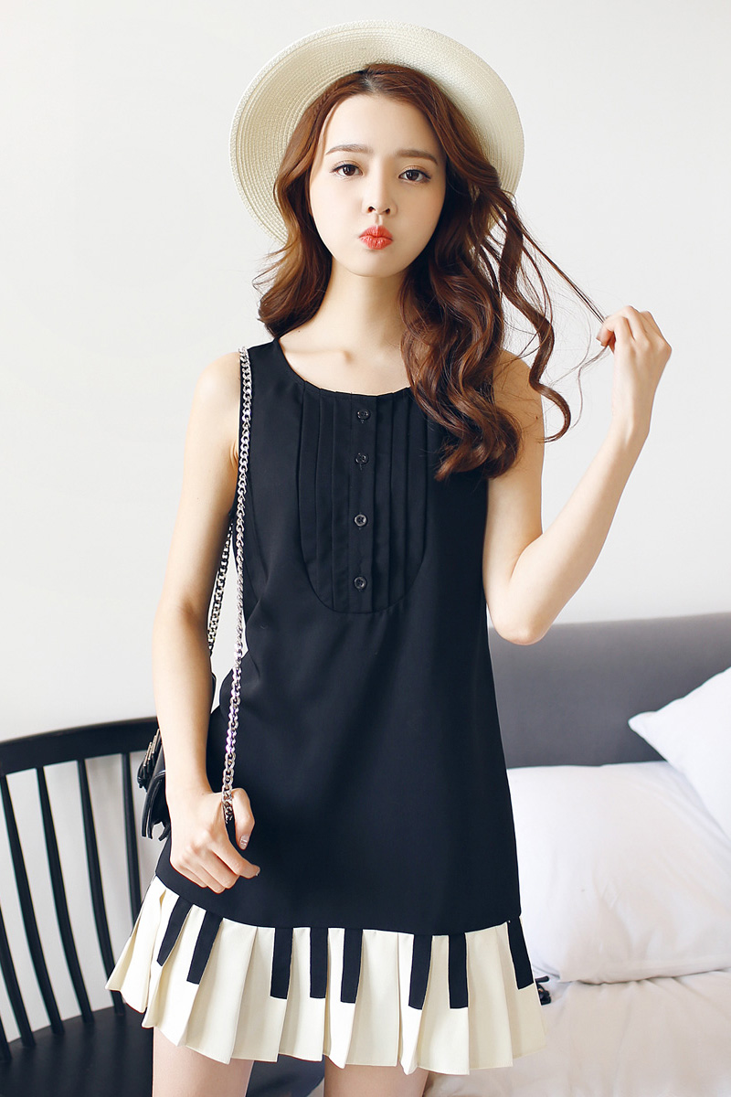 左冉 韩版夏装显瘦撞色圆领无袖背心连衣裙女