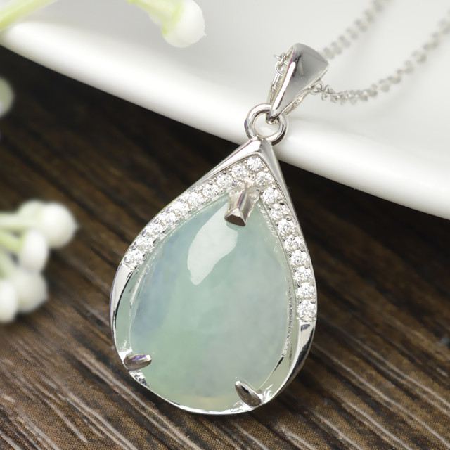 紫夕珠宝 s925银镶翡翠水滴形项链a0070 附证书