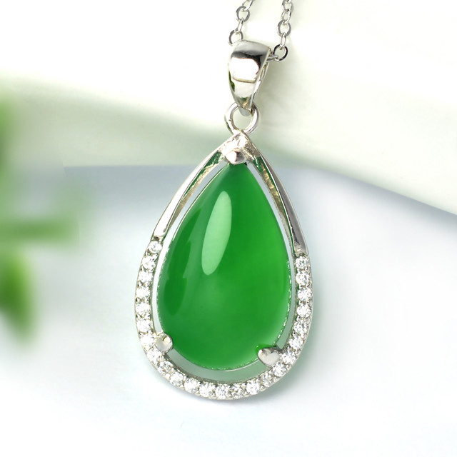 紫夕珠宝 s925银饰项链水滴形绿玉髓时尚吊坠a0056 附证书