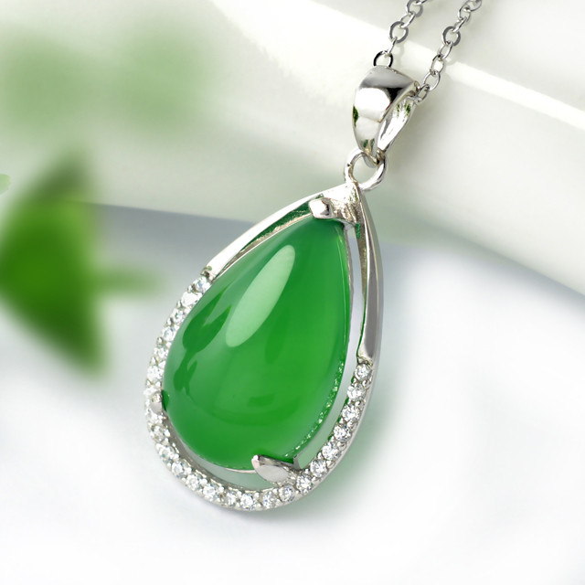 紫夕珠宝 s925银饰项链水滴形绿玉髓时尚吊坠a0056 附证书