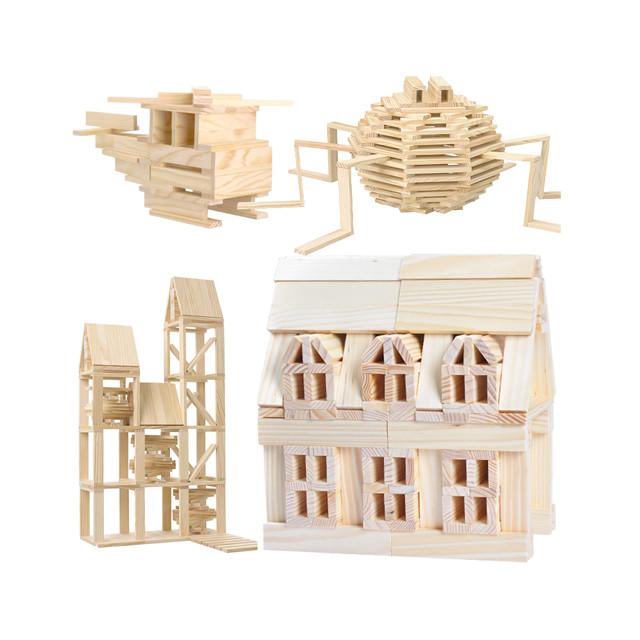 一点 纯木条木片建构积木 智力棒建筑层层叠 3岁以上益智堆搭玩具