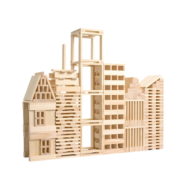 一点 纯木条木片建构积木 智力棒建筑层层叠 3岁以上益智堆搭玩具